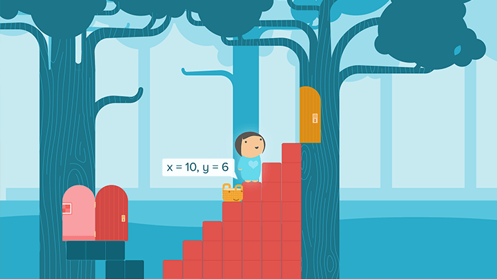 Aspirational screentshot of a child building a staircase by manipulating number blocks