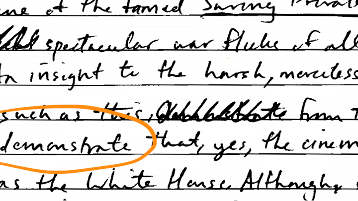 Handwritten student work with one word circled inbright orange ink